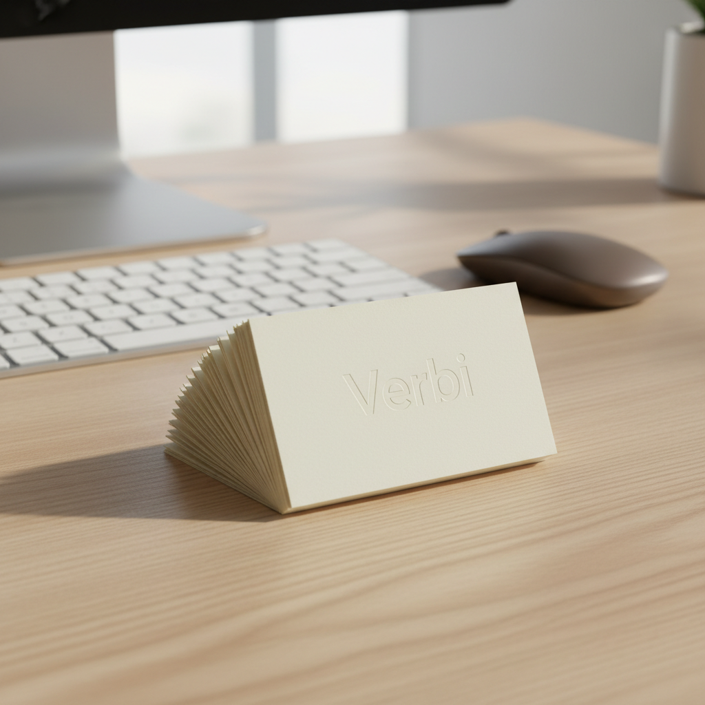 A set of aesthetically pleasing index cards, crafted from thick, ivory card stock, are arranged in a neat fan mid-table atop a pale oak desktop with visible natural grain. The uppermost card features subtle embossing of the Verbi name in a refined, sans-serif typeface. In the backdrop, a slim, matte-silver wireless keyboard and a smooth taupe mouse balance the arrangement, partially out of focus. Natural overcast daylight enters across the scene, lending an even softness and casting delicate, disciplined shadows. The visual mood is structured and purposeful, with a centered composition and photographic realism, reinforcing Verbi's commitment to organized, professional language learning.